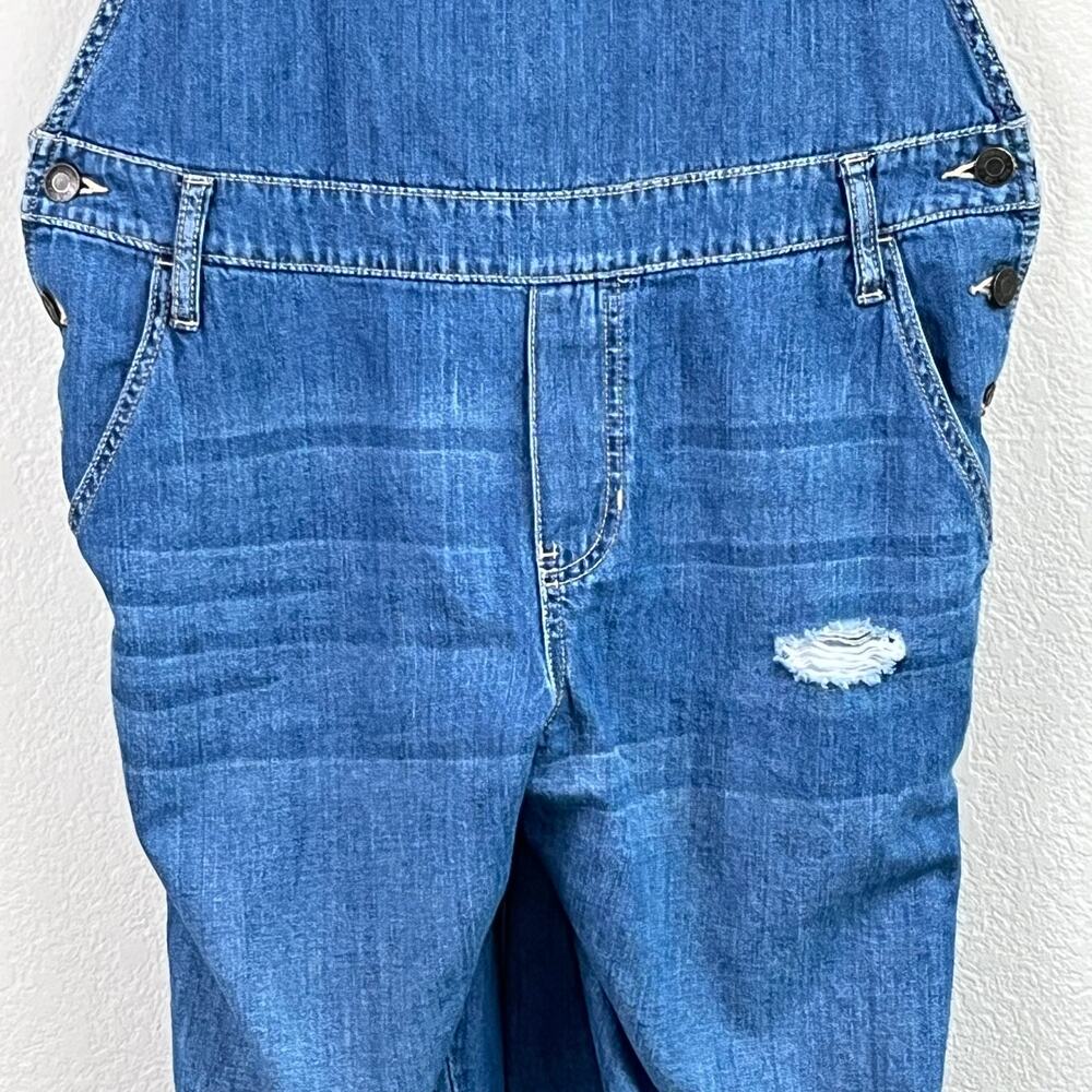 Gap Outlet Distressed Blue Denim Racerback Utility Bib Ripped Crop Overalls L - Picture 5 of 14